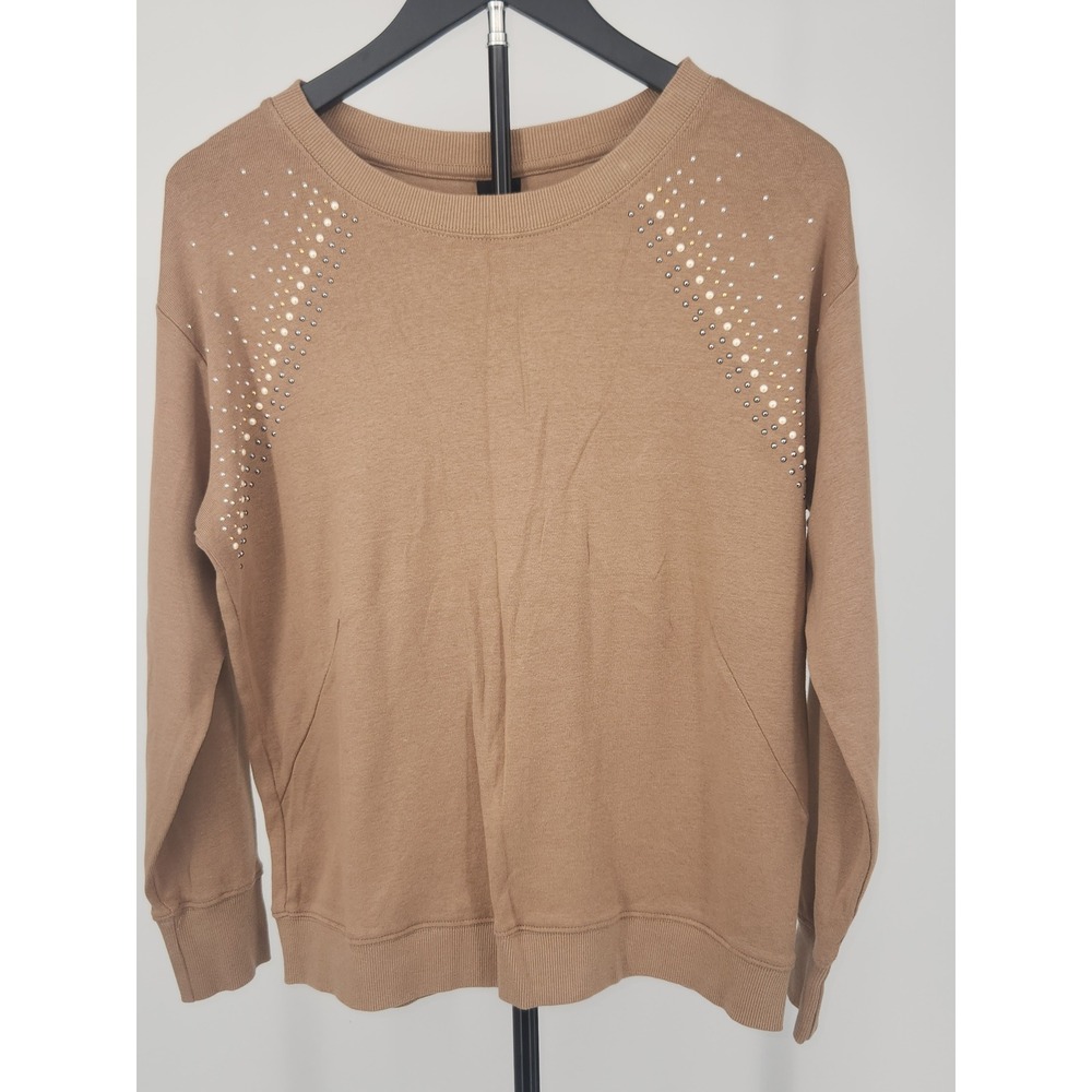 Rafaella Camel Brown Faux Pearl Stud Embellished Cotton Sweatshirt Size M